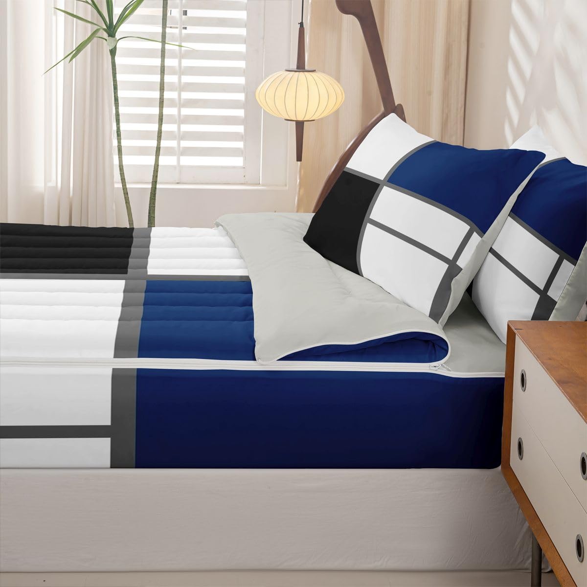 Erosebridal Geometric Abstract Zipper Bedding Set Twin Blue and White Striped Zipper Comforter Set with Sheets Square Grid Bed in a Bag Modern Art Patchwork Bed Sets with 2 Pillowcases