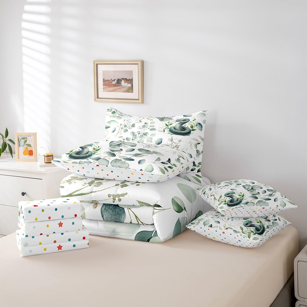 Erosebridal 7-Piece Cute Snake Bedding King for Kids Child Green Eucalyptus Comforter Set, Wild Animal Bedding Comforter Sets Botanical Plant Leaves Bed in a Bag, Cartoon Wildlife Bedding Accessories