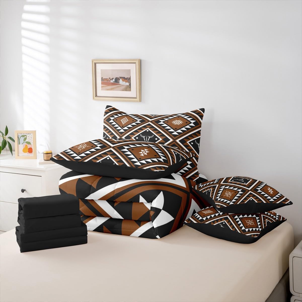 Erosebridal Rustic Western 7 Pcs Comforter Set King for Men,Southwestern Aztec Bedding Bohemian Quilt Ethnic Horns Bull Skull Farmhouse Bedroom Decor Brown Geometric Diamond Sheet Set Bed in A Bag