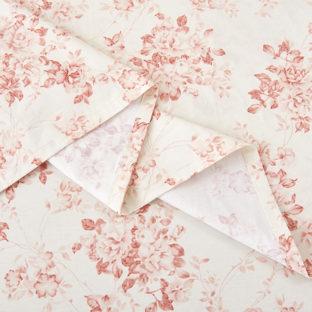 DAUAOTO 100% Cotton Bedding Printed Sheets Set for Full Size Bed Up to 14" Deep Mattress, Toile Rose Floral Pattern Bedlinen Sets, Pale Red