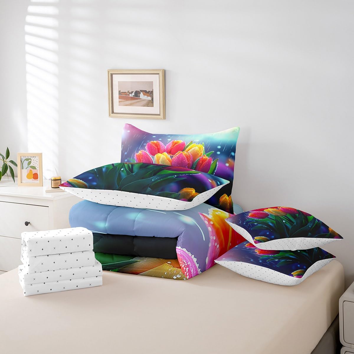 Erosebridal Tulips Bedding Set Spring Summer Flowers King Comforter Set 7 Piece for Kids Girls Teen Women,Rainy Floral Pink Yellow Tulips Bed in A Bag Pastel Plants Sheet Set with Comforter