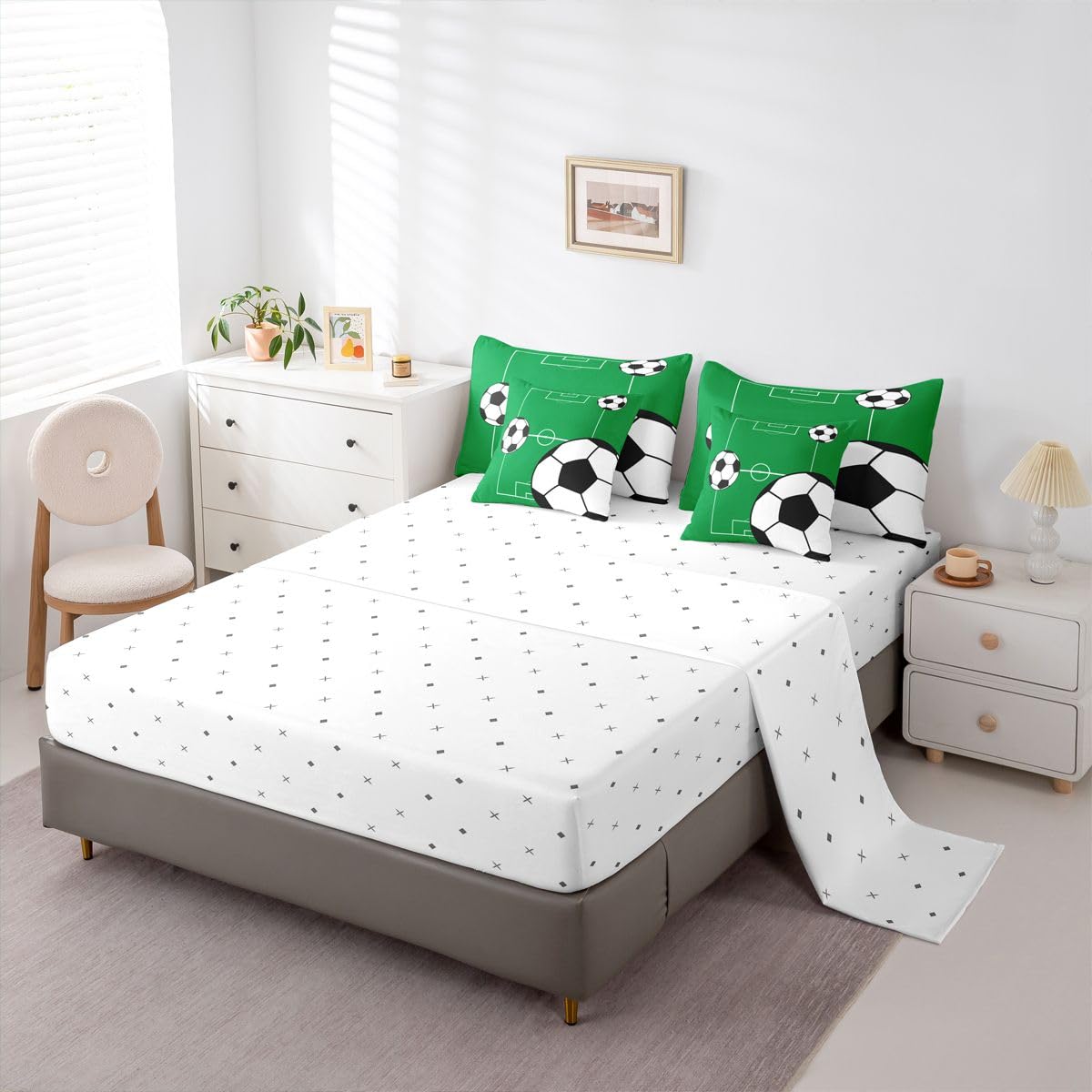Erosebridal Football 7 Piece Bedding Set Full Boys Sports Theme Comforter Set with Sheets Soccer Ball Pattern Playground Bed in a Bag Football Court Green White for Kids Boys Girls