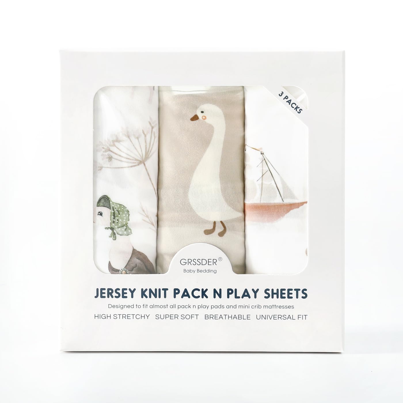 Stretchy Ultra Soft Jersey Knit Fitted Pack and Play Sheets Set 3 Pack, Portable/Mini Crib Sheets for Boys and Girls, Universal Fit for Pack N Plays Safe and Snug, Stylish Pattern of Duck Happy Party