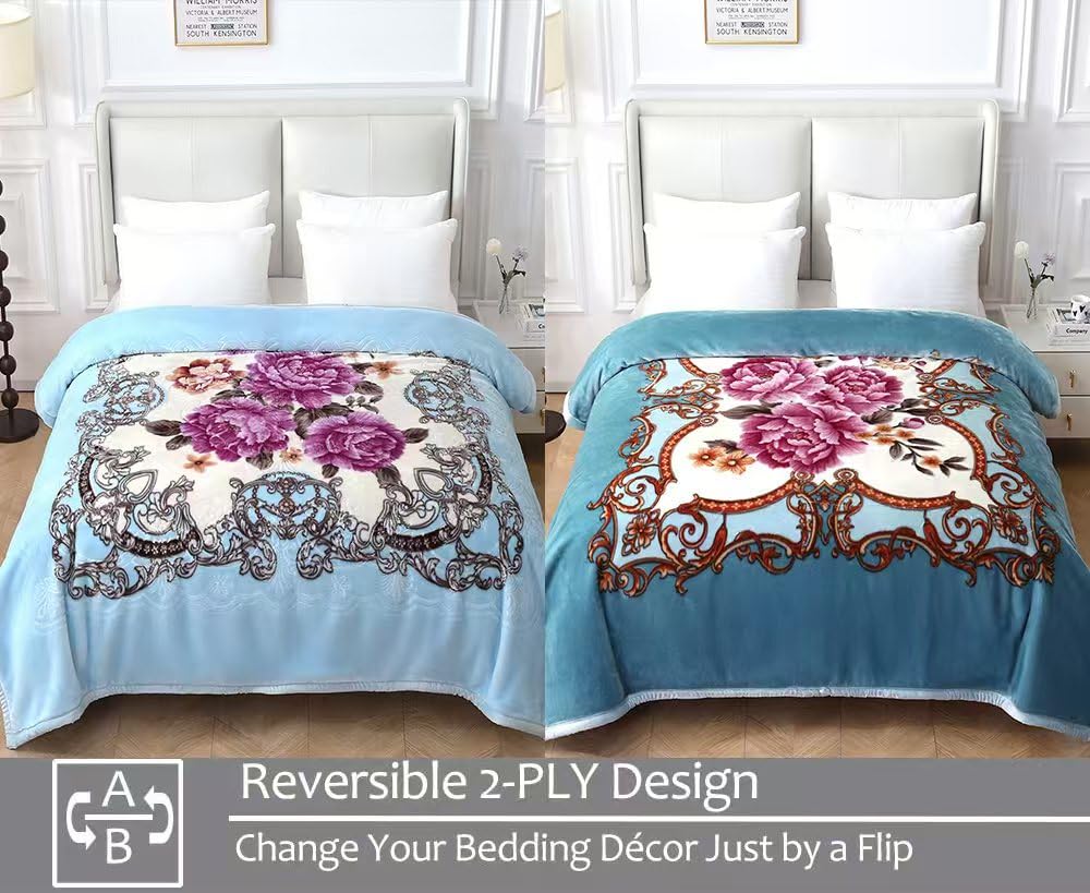 JYK Korean Style Mink Fleece Blanket Queen Size 75" x 87", 5 Pounds - 2 Ply Reversible Silky Soft Plush Warm, Comfy Blanket for Spring Autumn, Winter as Home Decor - Blue/Purple Peony