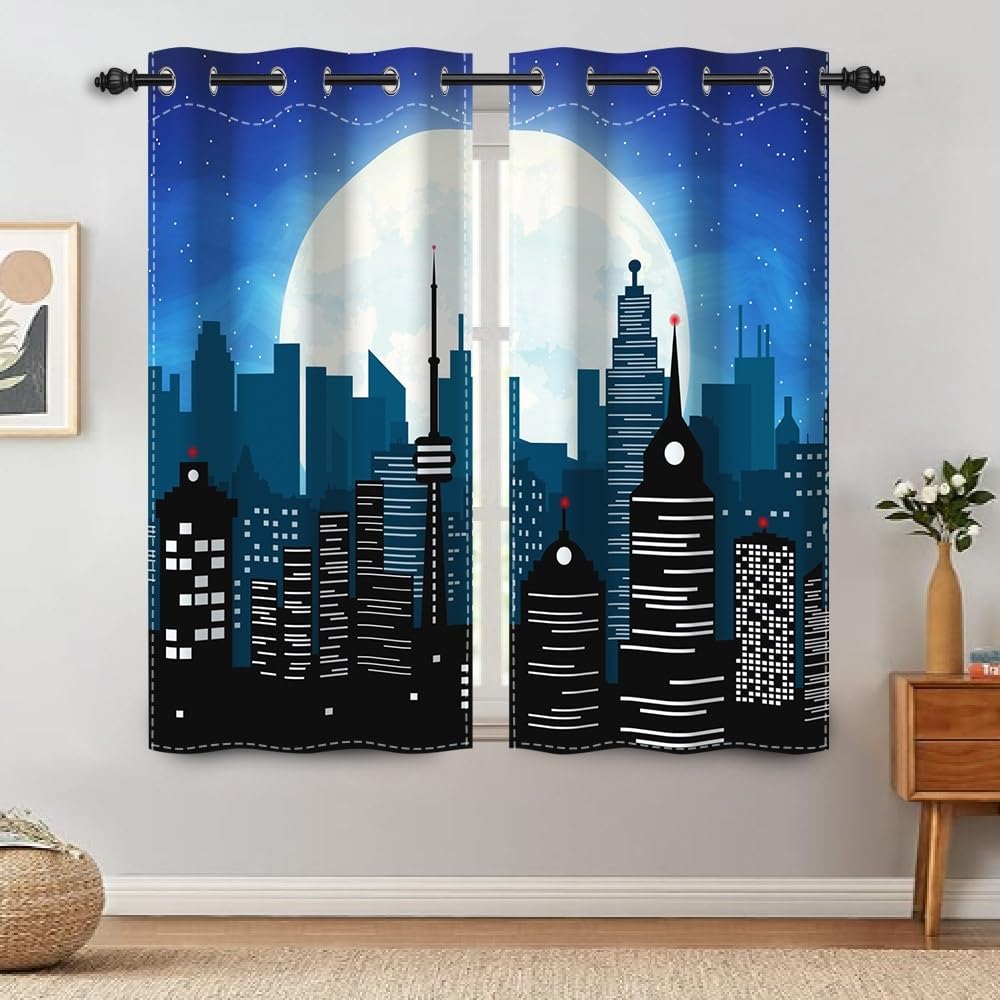 TTQYFNM Cartoon Super City Blackout Curtains Urban Night Moon Skyline City Buildings Window Drapes Superhero Cityscape Window Curtain Treatments for Kids Bedroom Living Room 2 Panel Set,42x63inch