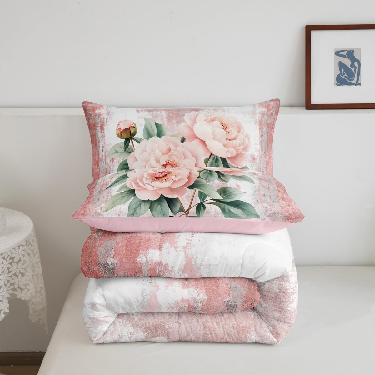 Erosebridal Pink Peony Flower Queen Comforter Set Spring Blossom Bedding Set Abstract Oil Painting Bed Set Watercolor Floral Rustic Farmhouse Quilt Set Ombre Pink Grey Design for Adults