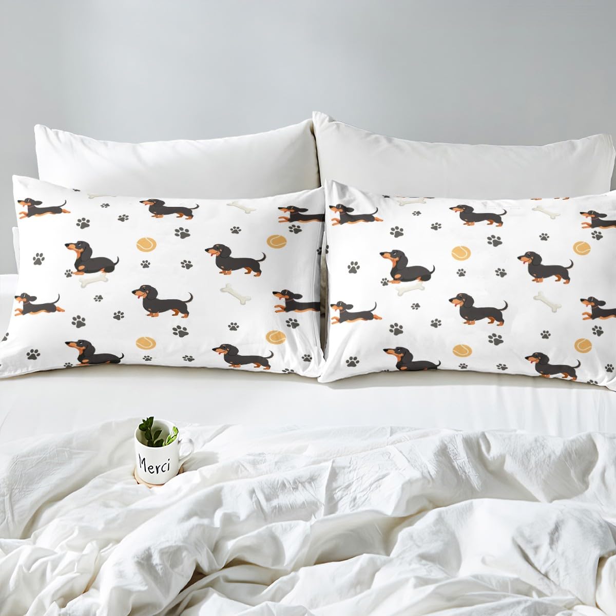 Castle Fairy Cute Dachshund Dog Fitted Sheet King Size,Ball Bones Paw Print Bed Sheet Set Bedroom Decor,House Pet Animal Themed Polyester Bedding Set(1 Fitted,1 Flat,2 Pillowcases)