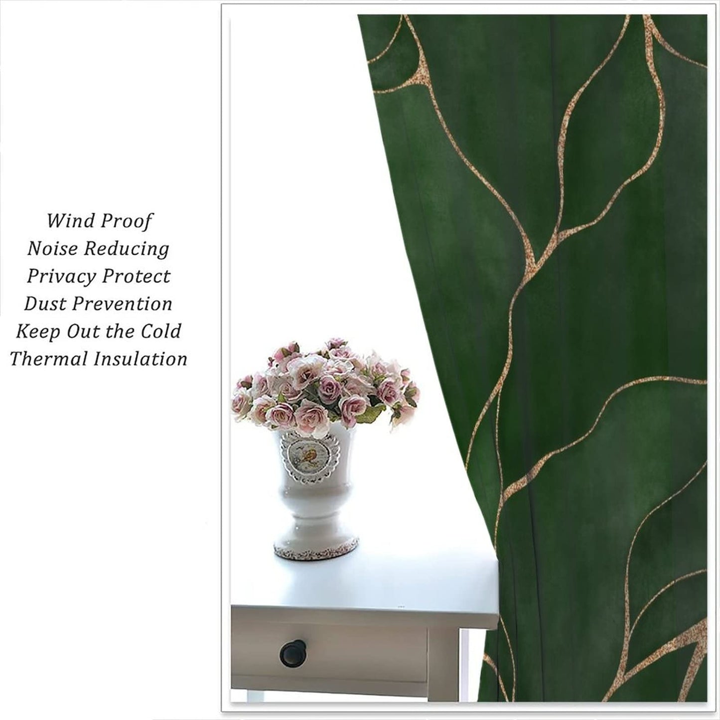DDCBNS Abstract Green Leaf Curtains for Bedroom,Modern Luxury Deep Green Marble Texture Window Treatments for Living Room Kitchen Café Window Drapes 2 Panels Set,Total Size 42" x 45"