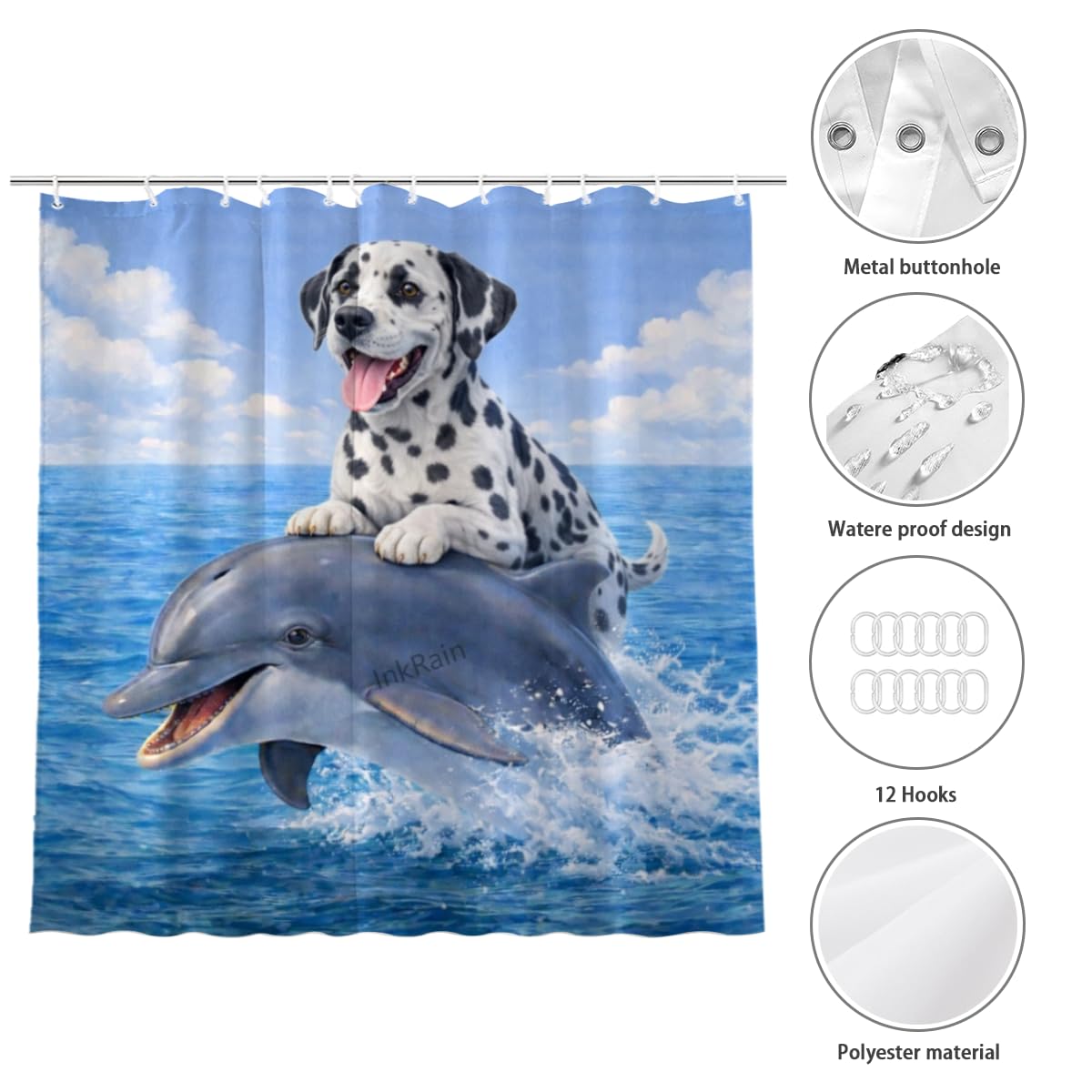 InkRain Ocean Dalmatian Shower Curtain with 12 Hooks Cute Puppy Riding Dolphin Bathroom Decor Waterproof Polyester Fabric Coastal Beach Bath Curtain 72x80 Inch