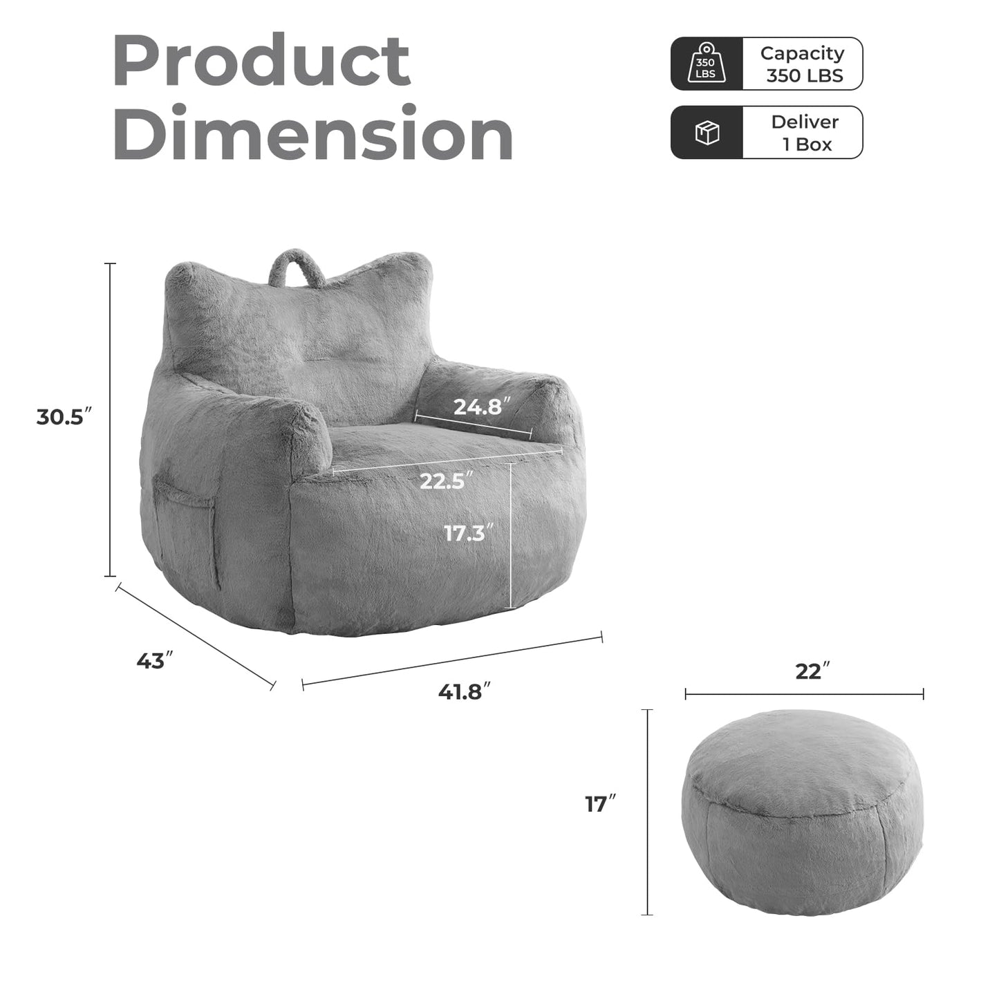 Giant Bean Bag Chair for Adults with Ottoman, Oversized Bean Bag with Filling Plush Fluffy,BeanBag Lazy Sofa Couch with Armrest for Bedroom, Stuffed Floor Sofa with Sidepocket for Living Room, Beige