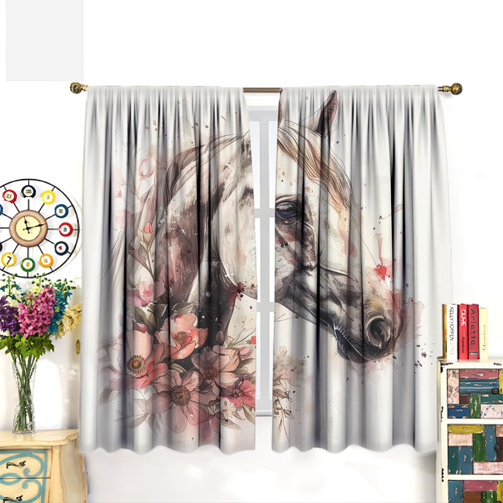 SOPIYRIO Retro Floral Horse Blackout Window Curtains Beautiful Flower Abstract Animal Rod Pocket Curtains for Bedroom Thermal Insulating Drapes for Living Room 2 Panels 21 W x 45 L inch