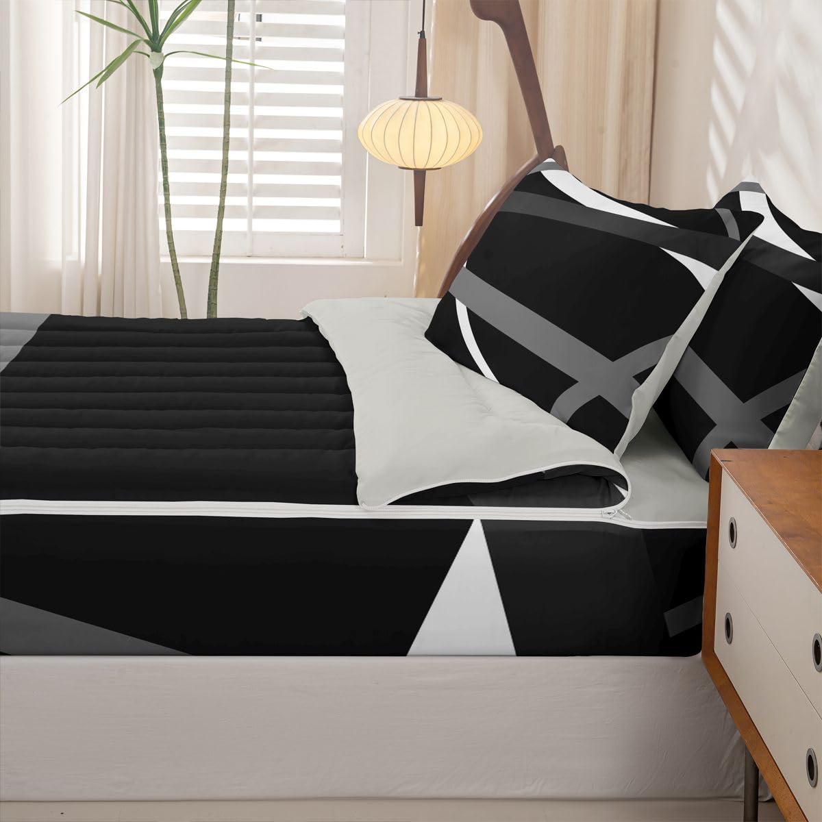 Erosebridal Gray Black White Striped Zippered Comforter Set for Adult Women Men - Modern Abstract Zipper Bedding Set Twin Size Geometric Lines Bed in a Bag Aesthetic Boho Comforter with Sheets