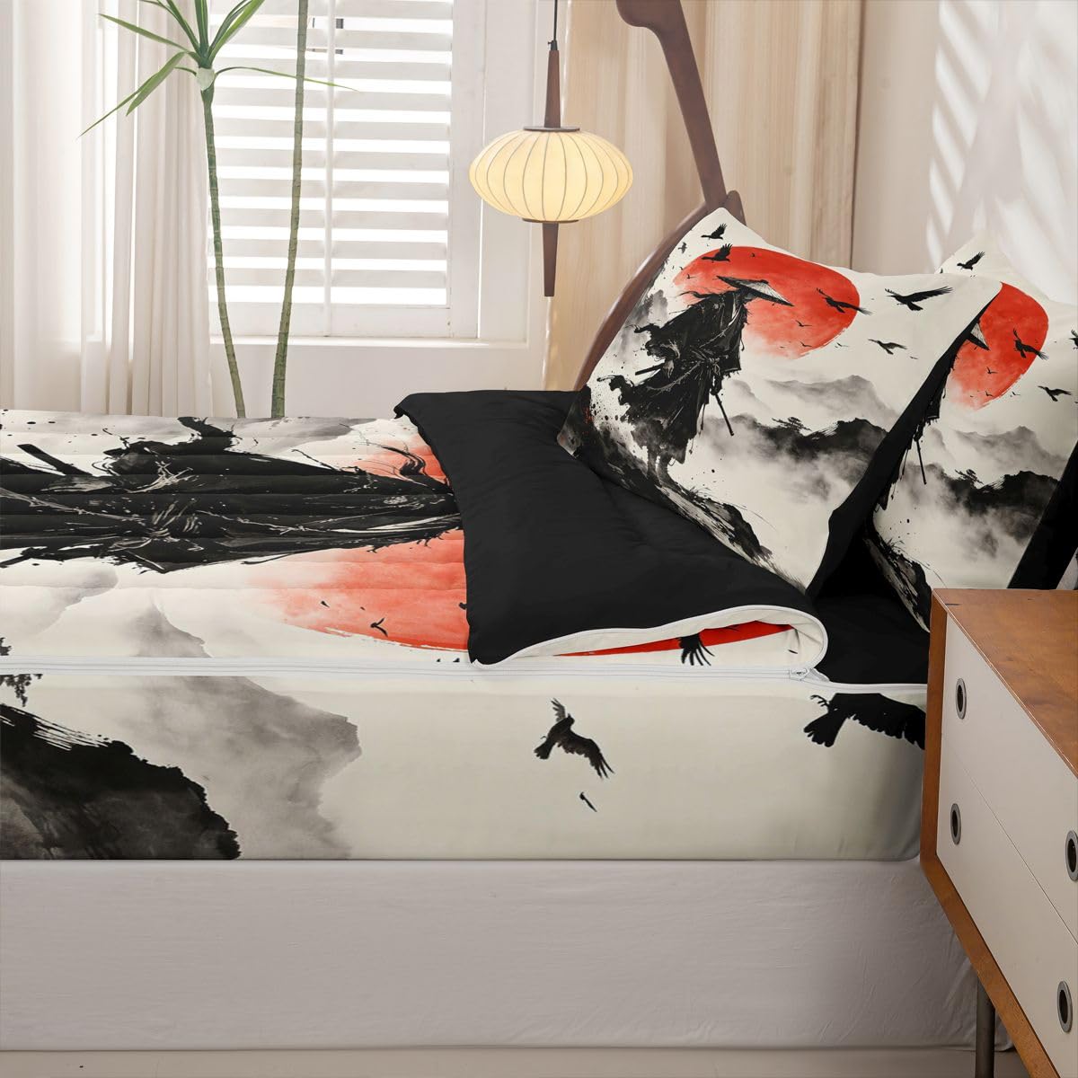 Feelyou Japanese Anime Zipper Bedding Full Samurai Zipper Bedding Sets for Kids Boys Girls Black Red Comforter Set with Fitted Sheet and 2 Pillowcases Bedroom Decor