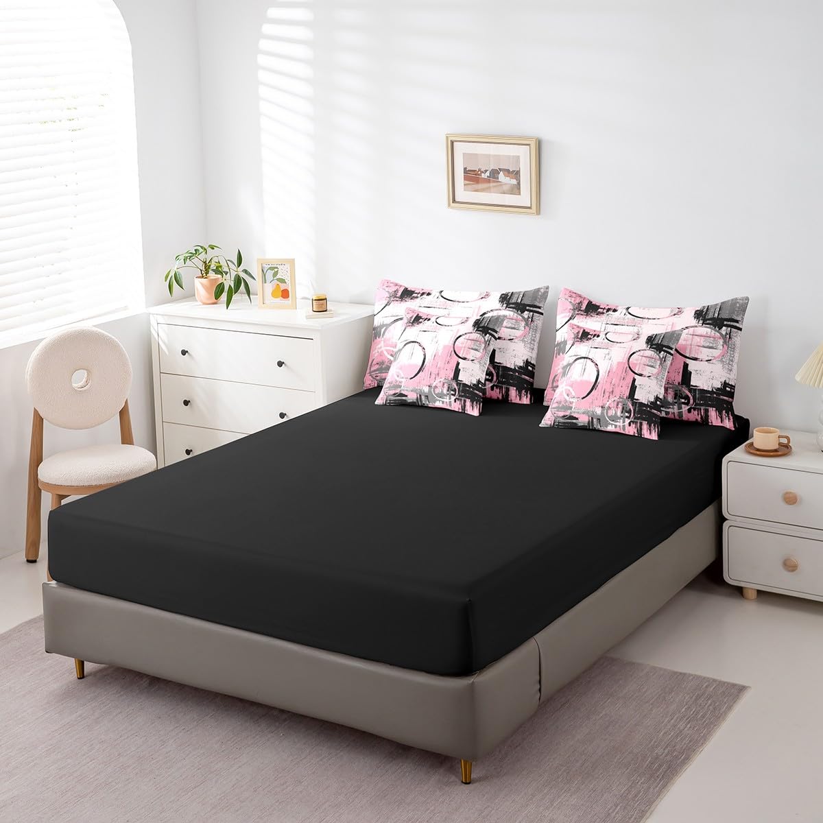 Feelyou Geometric 7 Piece Bedding Set Full Size for Kids Boys Girls Teens Toddler Modern Abstract Art Comforter Set with Sheets Black Pink Bed in a Bag Tie Dye Bed Set