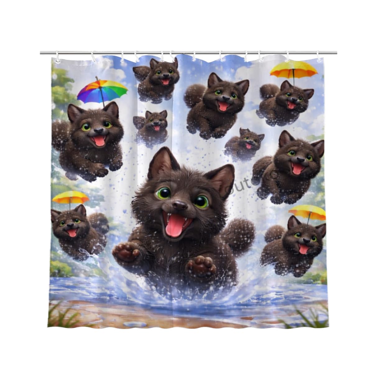 Youtoko Funny Black Cat Bathroom Decor Shower Curtain 72x72 Inch with 12 Hooks Umbrella Water Splash Animal Art Waterproof Washable Polyester