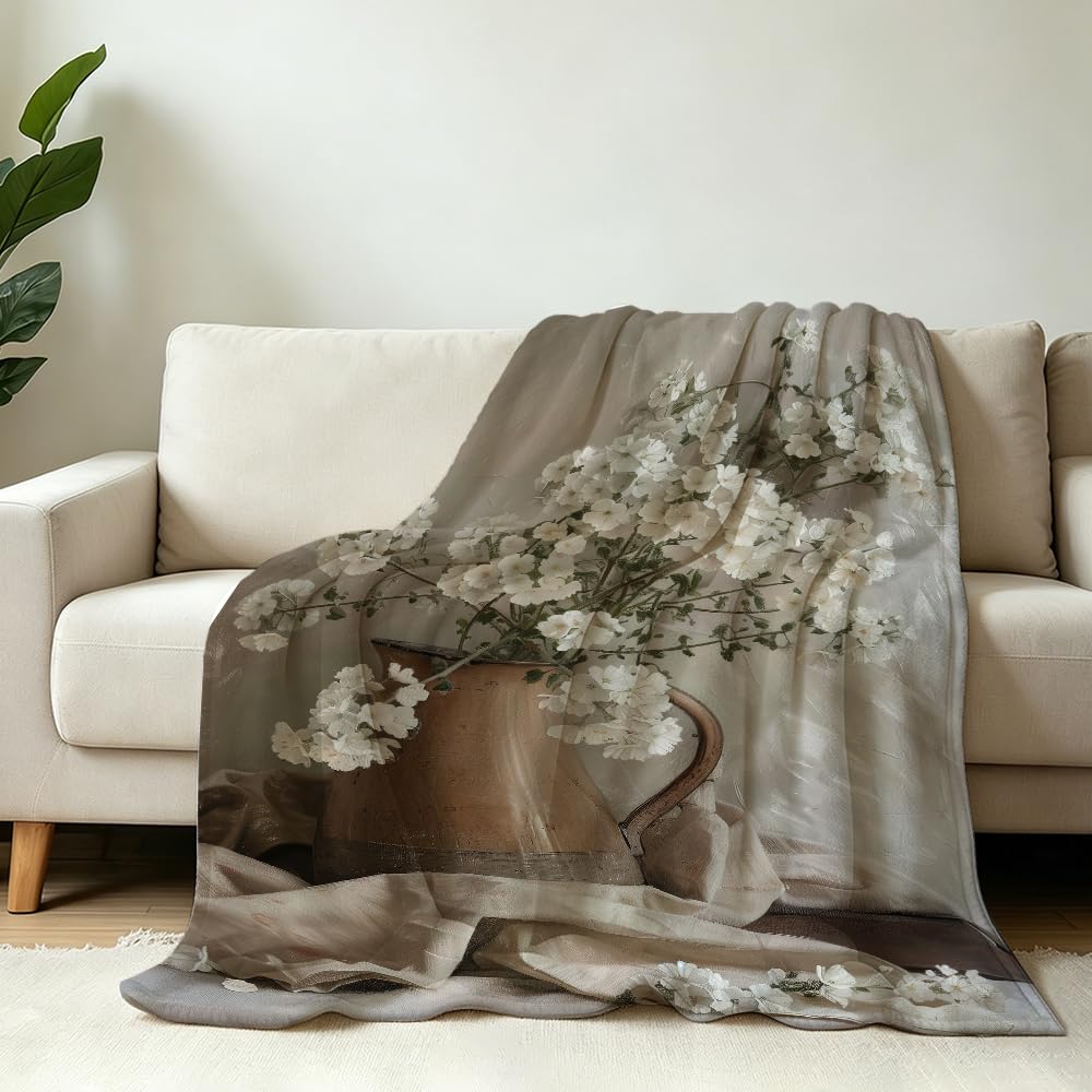 HUNXIAOJ Floral Throw Blanket Flower Blanket for Girls Wildflower Flannel Floral Bedding Warm Soft Flannel for Adults Women Bed Sofa Couch (49in x 59in)