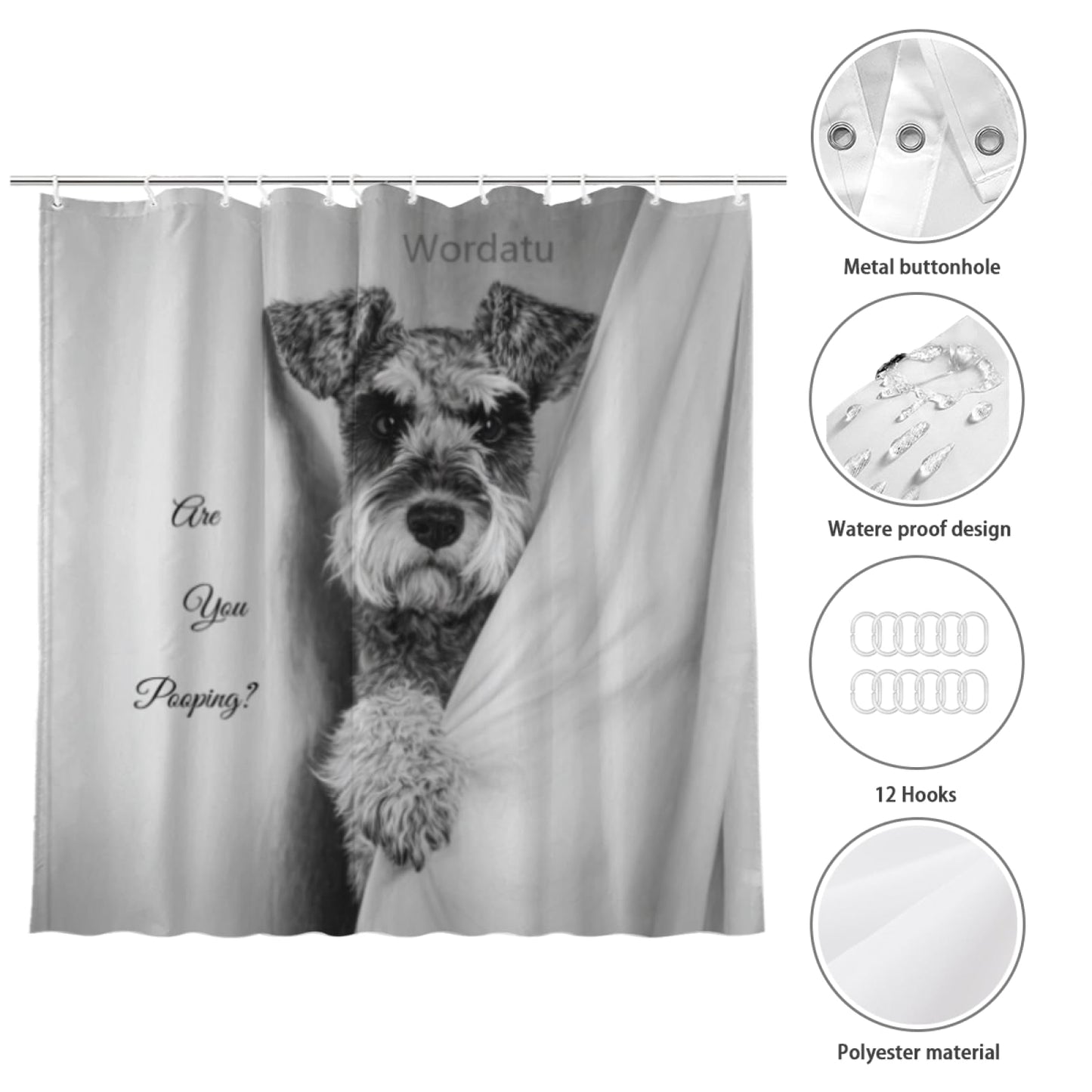 Wordatu Schnauzer Shower Curtain are You Pooping Decor Fabric Bathroom Curtains, Kids Children Rustic 72x72 Inch Black and White