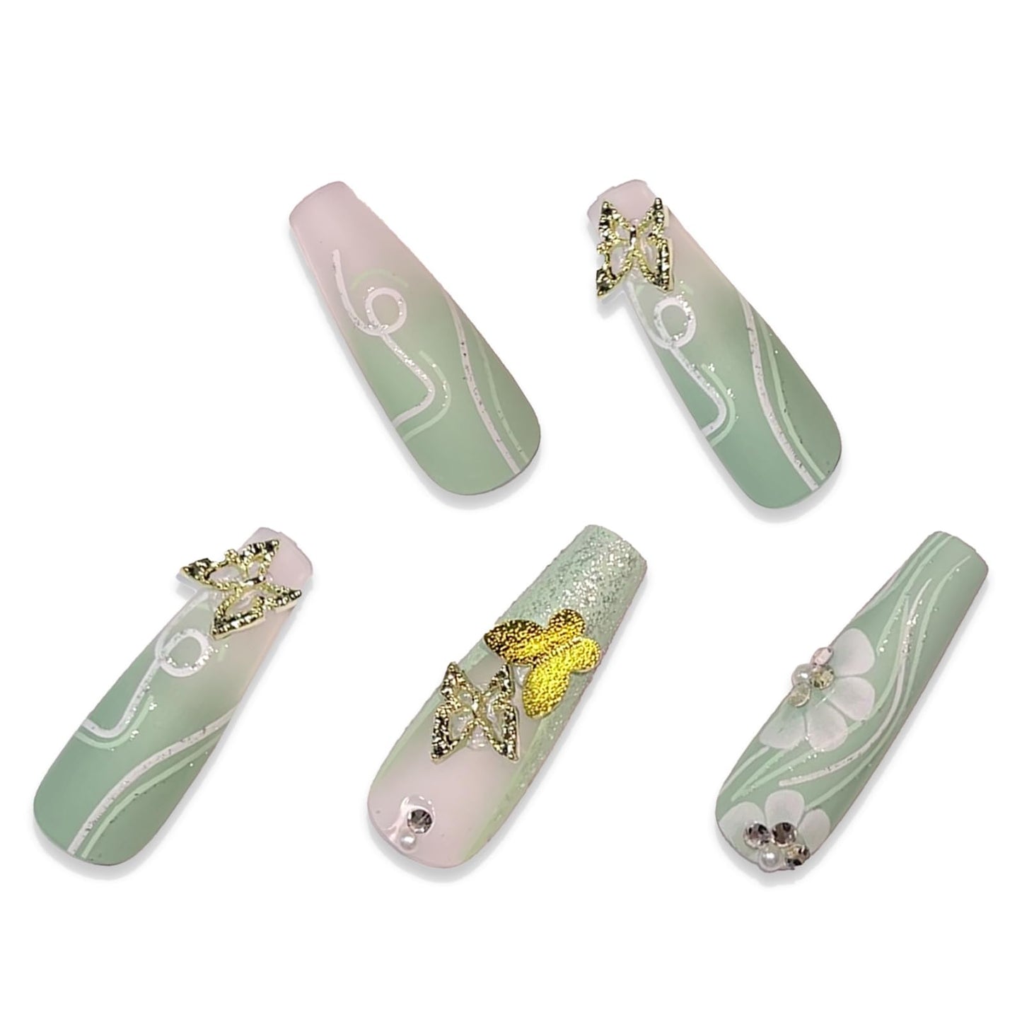 BABALAL Long Coffin Press on Nails - Green Fake Nails, 3D Golden Butterfly Glitter Shiny Design, Acrylic Glue on Nails for Women and Girls 24 Pieces