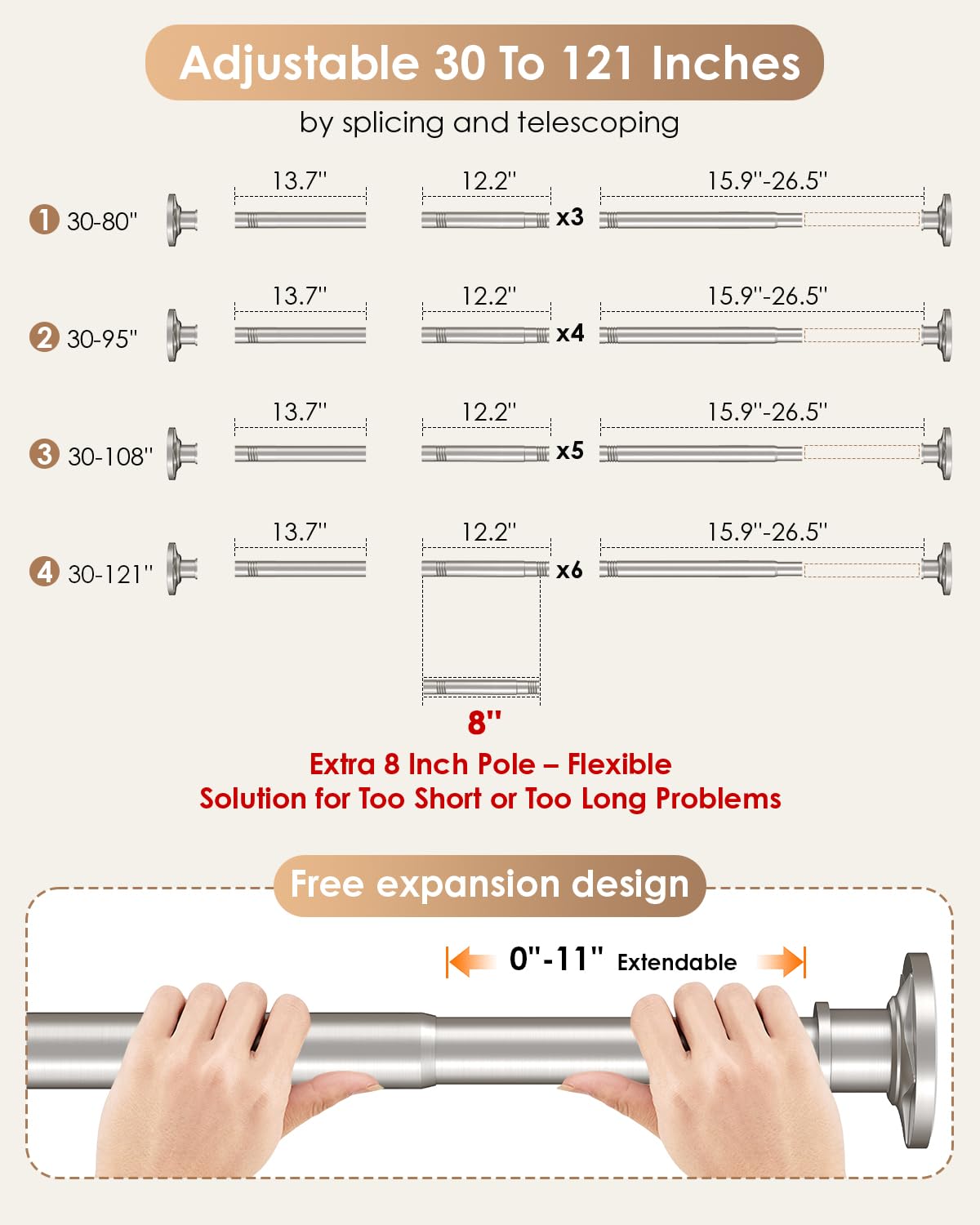Haryaers Nickel Tension Shower Curtain Rod 30-96 In (8ft) 1.1" Diameter Stainless Steel, Rustproof Heavy Duty, No Drilling Adjustable Room Divider for Bathroom Window Patio Closet