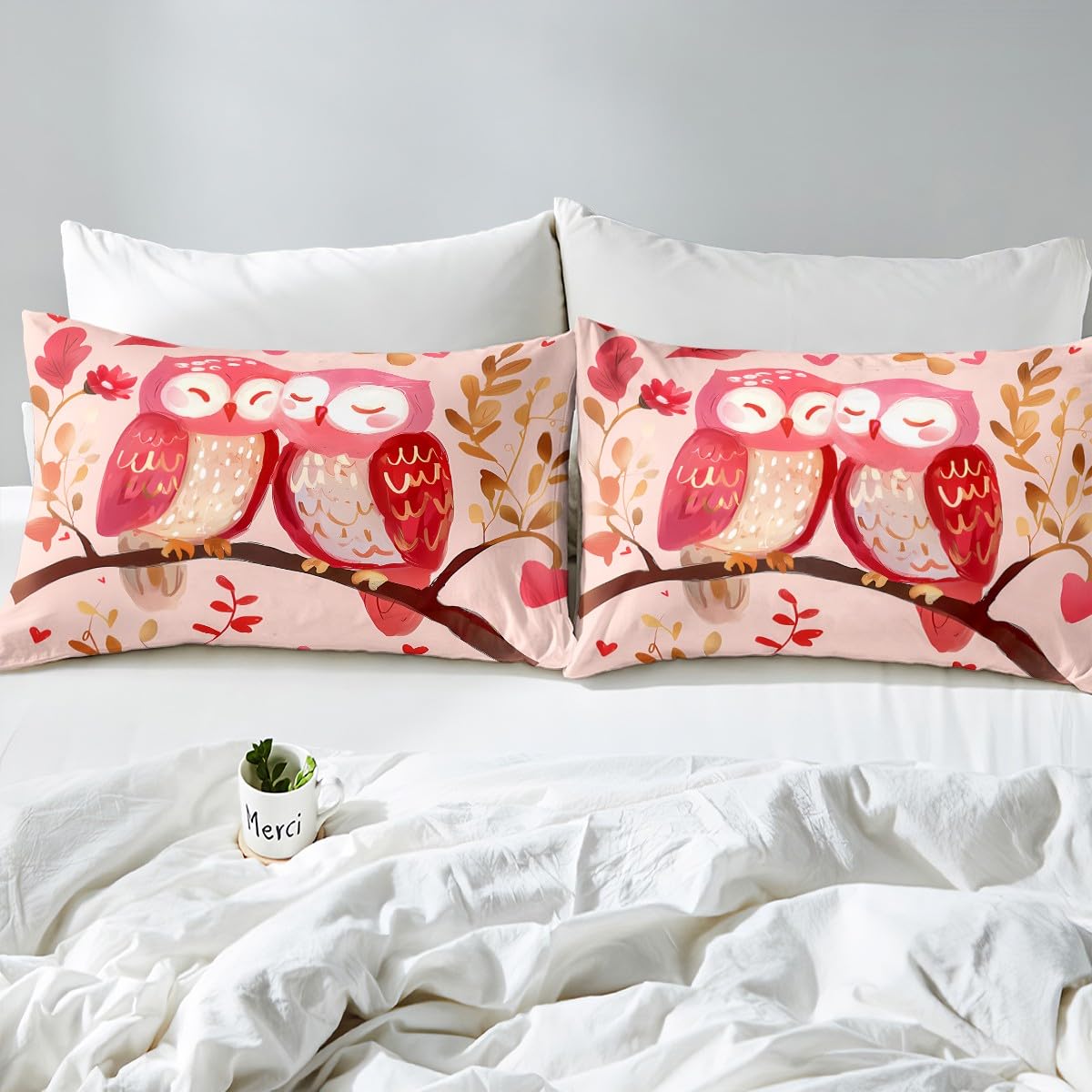 Feelyou Boys Girls Valentine's Day Bedding Set Full Size, Cute Owl Bed Sheet Set Red Heart Fitted Sheet Kids Romantic Teens Bed Cover Bedroom Decor Lightweight Bed Set (No Flat Sheet)