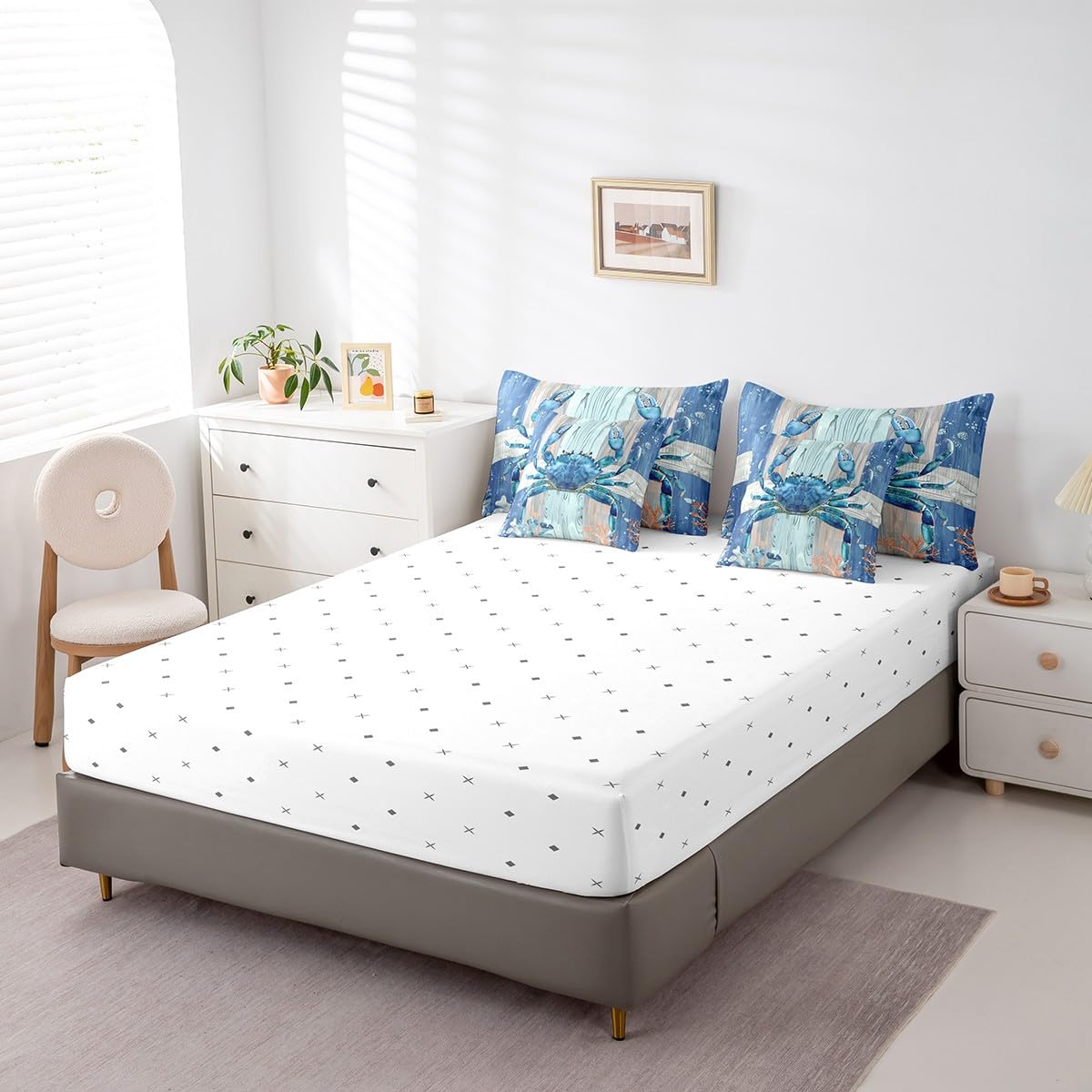 Erosebridal Ocean Crab Comforter Set 7 Piece Bed in a Bag Twin,Under Sea Coral Reptile Bedding Sets Nautical Sea Animal Sheet Set with Comforter,Blue