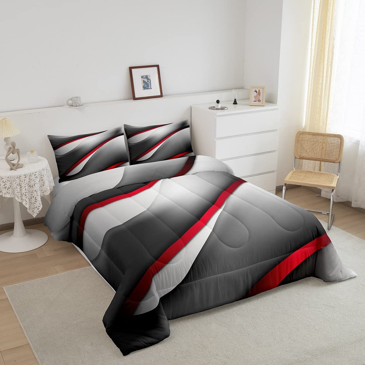 Castle Fairy Modern Gray Red Black Comforter Set Full Size Abstract Stripes Quilt Set 3pcs for Kids Youth Men Women Bedroom Decor 3D Stripes Bedding Set Gradient Simple Duvet Insert,2 Pillowcases