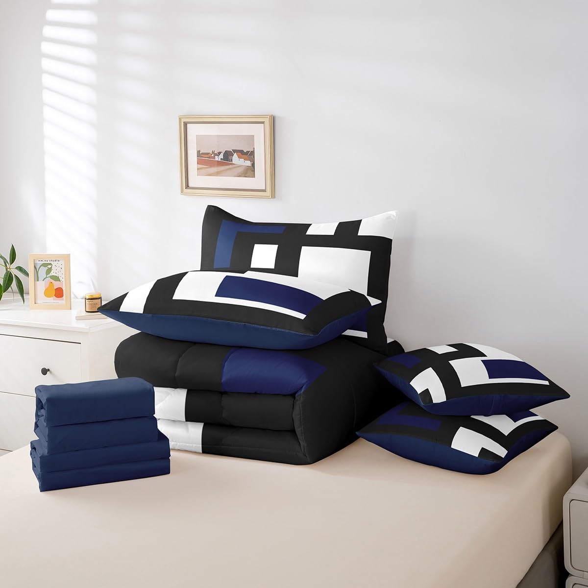 Erosebridal 7Pcs Black and White Striped Bed in A Bag King,Abstract Square Comforter Set for Kids Teens Adult,Modern Geometric Stripes Bold Lines Bedding Set,Minimalist Stylish Bed Sheets