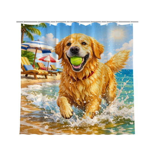 REZHOCH Fun Beach Dog Shower Curtain 72x72Inch, Cute Golden Retriever on Sunny Ocean Beach,Coastal Home Bathroom Decor,Summer Seaside Animal Art Waterproof Fabric Bath Set with Hooks
