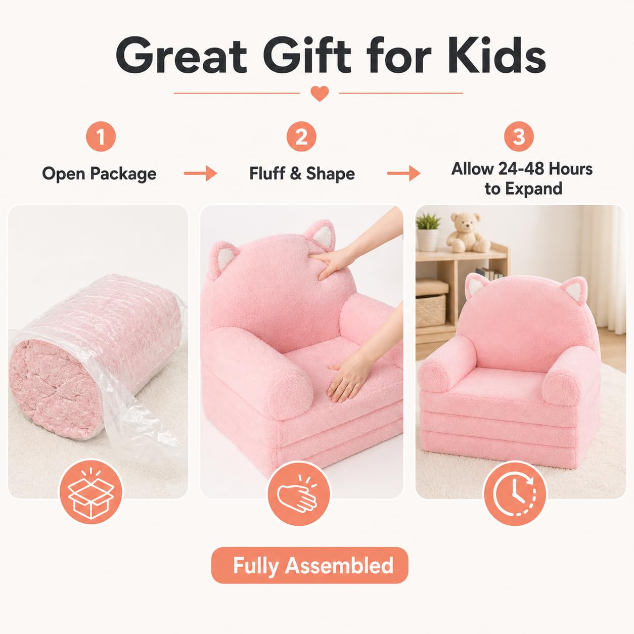 MONKISS Kids Couch, Comfy Toddler Chair, 2 in 1 Fold Out Kids Sofa, Baby Sitting Chair with Washable Cover, Toddler Furniture for Reading, TV and Playroom, Birthday Gift for Girls, 1-4 Years Old, Pink