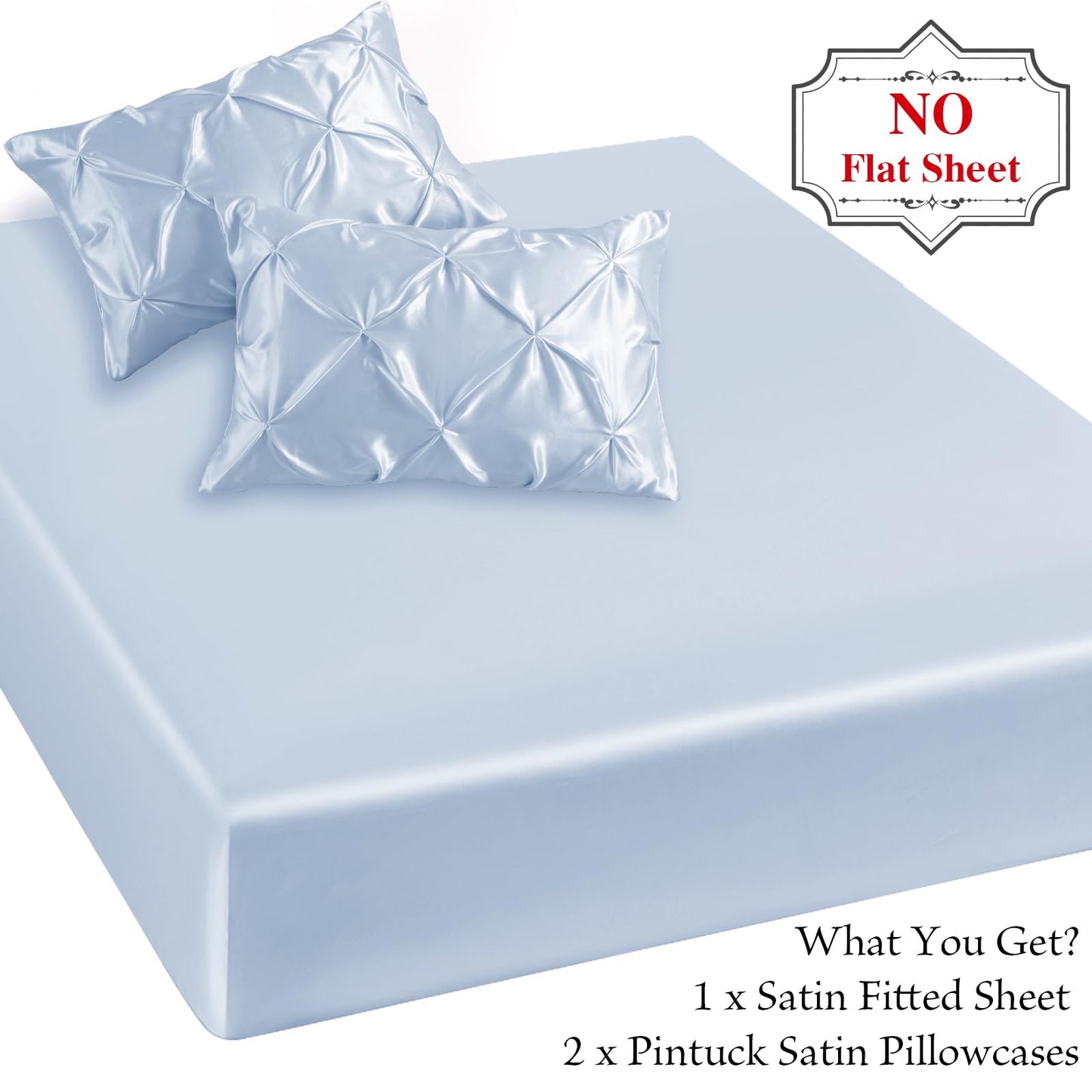 P Pothuiny 3-Piece Set Pintuck Satin Pillowcases & Twin Fitted Sheet, Baby Blue Satin Sheet Silky Soft Luxury Romantic Pinch Pleated Bedding Bedroom Dorm Decor, 15 Inch Deep Pocket