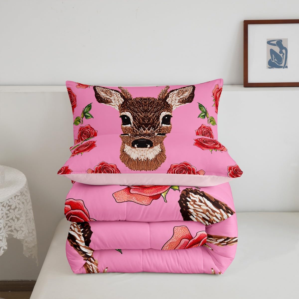 Erosebridal Cute Deer Comforter Set Twin Size Cartoon Flowers Bedding Set for Kids Girls BoysRomantic Pink Roses Comforter Garden Love Quilt Bedroom Decor