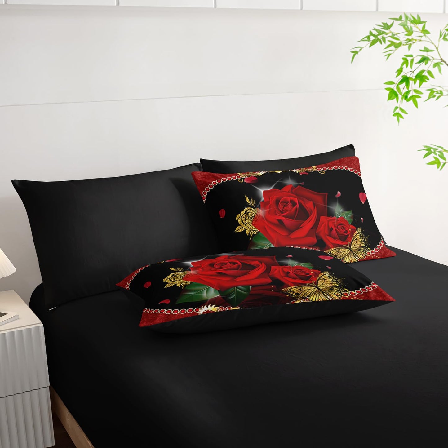 AILONEN 3D Oil Painting Red Rose Comforter Set Full Size,7-Piece 3D Rose and Butterfly Pattern Bed in a Bag,Comforter & Fitted Sheet with Flat Sheet & 2 Pillowcases,2 Pillow Cases for Bedroom