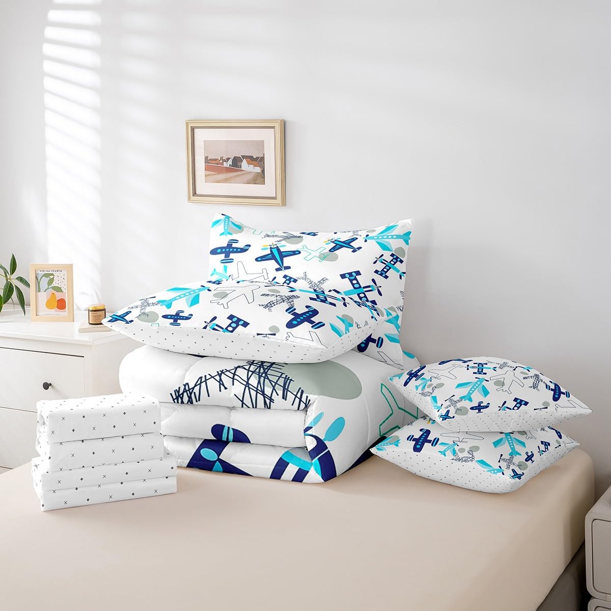 Erosebridal Kids Airplane Twin Bedding Set 7-Piece Aircraft Bed in A Bag with Sheets for Kids Boys Teens Aviation Theme Cartoon Comforter Set Teal Blue Airplanes Bedding Comforter Sets