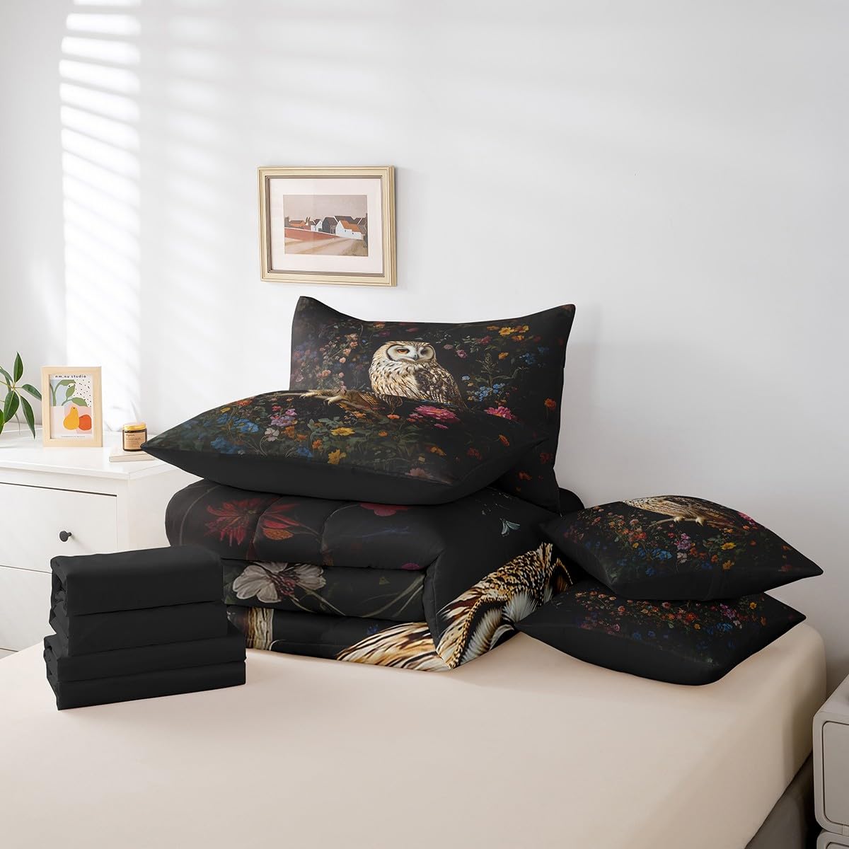 Erosebridal 3D Owl Bedding Set for Kids Teens,Oil Painting Flower Animal Comforter Set King Size,Mid Century (Comforter+Fitted+Flat Sheet+2 Pillowcases+2 Throw Pillow Covers) 7 Pieces Bed Set