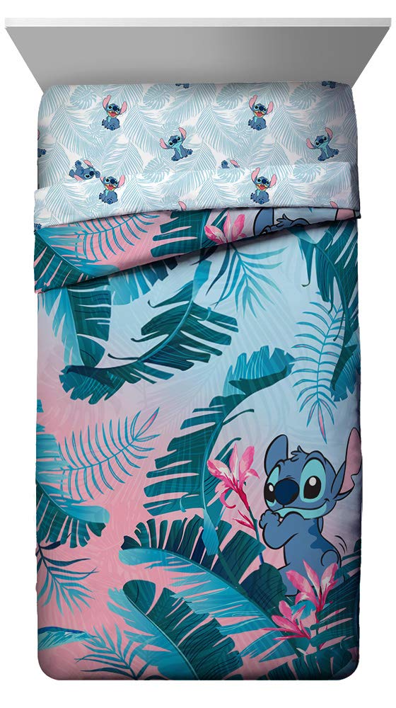 Jay Franco Disney Lilo & Stitch Floral Fun Twin Comforter & Sham Set - Super Soft Kids Reversible Bedding - Fade Resistant Microfiber (Official Disney Product)