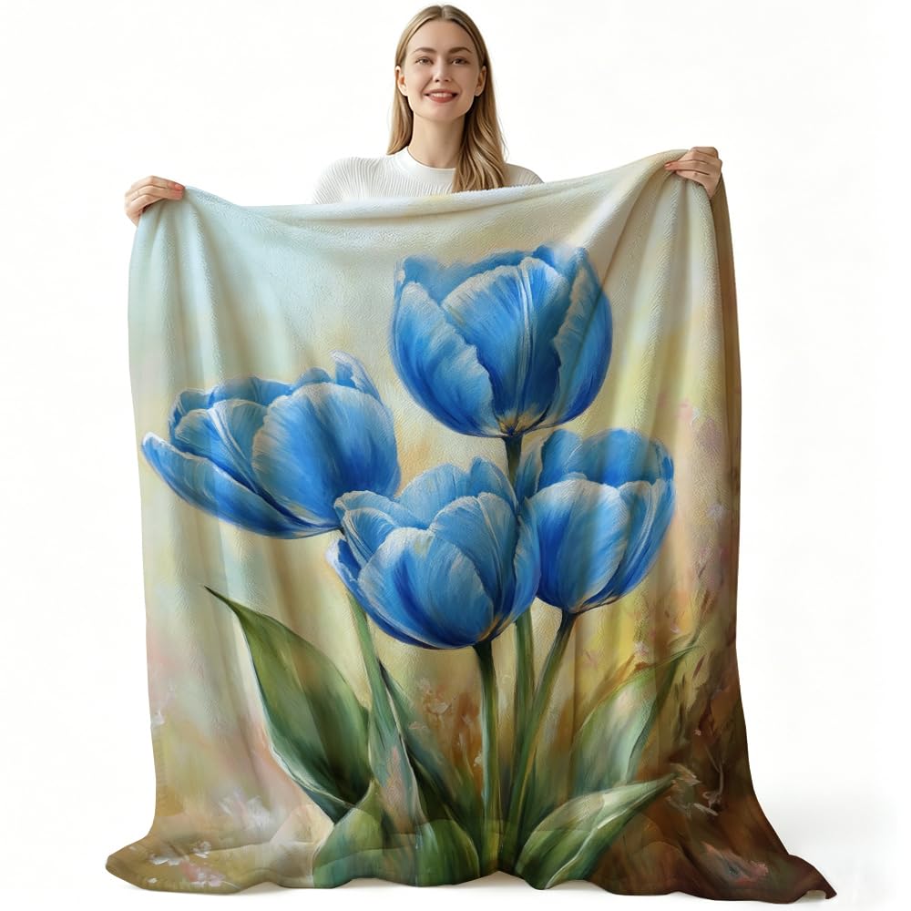 HUNXIAOJ Tulip Blanket Floral Throw Blanket Tulip Gifts for Women Rustic Flower Decor Floral Bedding Warm Soft Flannel for Girl Sofa Couch (49in x 59in)