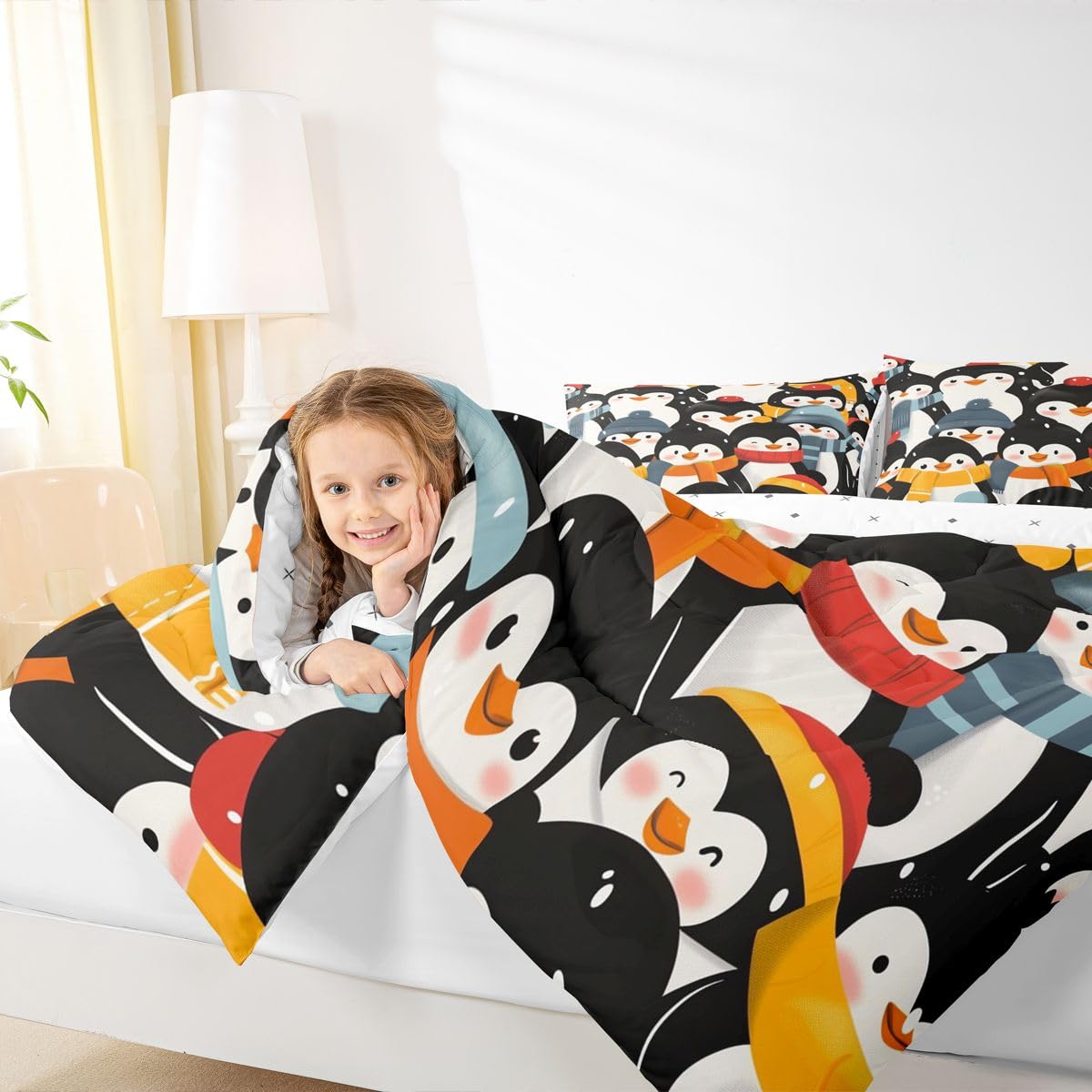 Erosebridal Kawaii Penguin Comforter Set Queen Antarctic Wild Animal Print Bedding Set Cartoon Penguins Comforter for Kids Boys Girls,Snowy Winter Decor Quilt Duvet