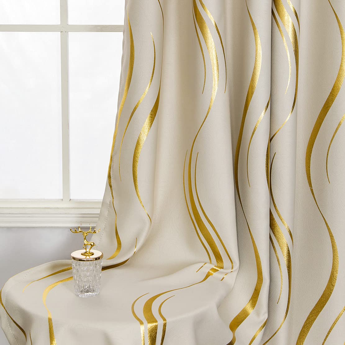 MYRU 2 Panels Set Foil Print Striped Curtains for Living Room Bedroom (Beige and Gold, 2 x 54Wx84L)