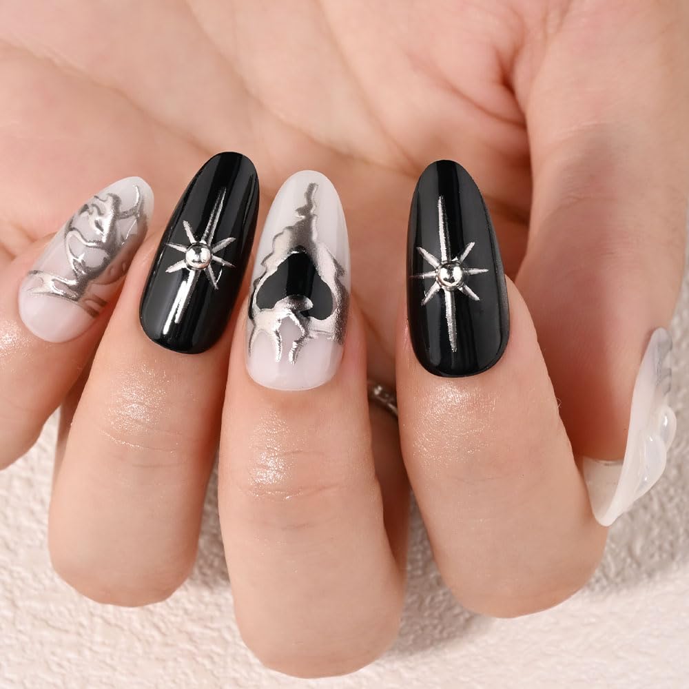 evpct 3D Gothic Press on Nails Short Almond with Silver Line Design, Black White Silver French Tip Stick on Nail for Women, Reusable Full Cover Soft Press on Fake Nail Perfectly Fit with Design