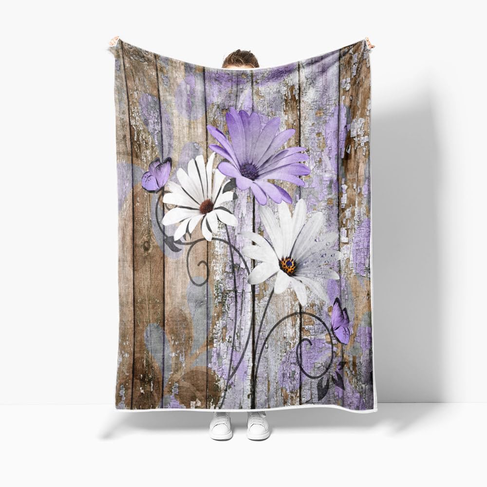 JAWO Farmhouse Flower Floral Throw Blanket, Rustic Purple Daisy Fleece Cozy Warm Bed Couch Blanket, Country Purple Brown Fleece Flannel Throws to Decorate the Room and Bedroom Warm Blanket 50X60IN