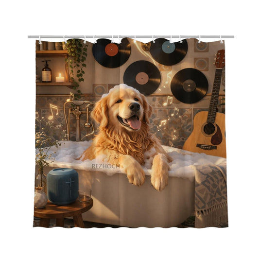 REZHOCH Fun Golden Retriever Dog Boho Shower Curtain 72x72Inch,Cute Animal Bathing in Tub Bubbles Vintage Music Home Bathroom Decor,Waterproof Fabric Farmhouse Country Bath Set with Hooks