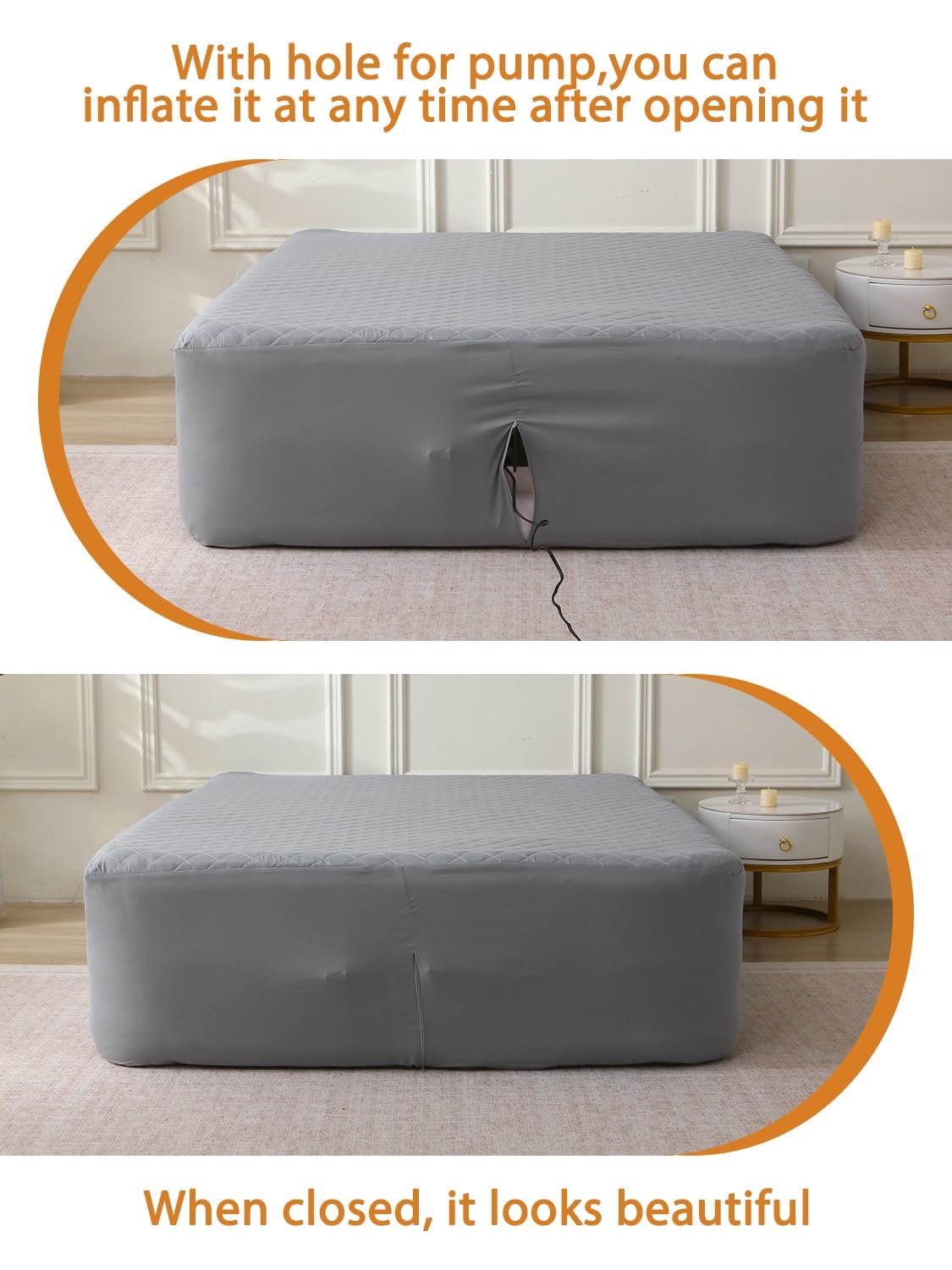 Bedecor Twin Quilted Air Mattress Pad with Pump Access Zipper,Air Bed Protector Cover, Deep Pocket Fits 18-24 Inch Blow Up Beds, Quiet & Breathable,Gray Diamond