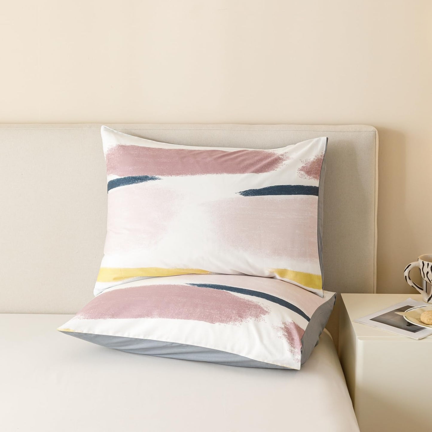 SUSYBAO Reversible Striped Duvet Cover Queen 100% Cotton 3 Pcs Set 1 Artistic Graffiti Geometric Duvet Cover with Zipper Ties 2 Pillowcases Aesthetic Abstract Blue Yellow Stripe Bedding Set Soft