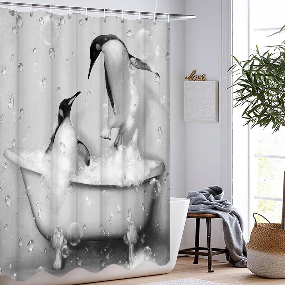 KREATIVE ARTS Funny Penguin Shower Curtain Cute Animal Takes Bath in Grey Bathtub with Bubbles Bathroom Curtain Fabric Shower Curtain Bathroom Accessories 12 Hooks 72x72