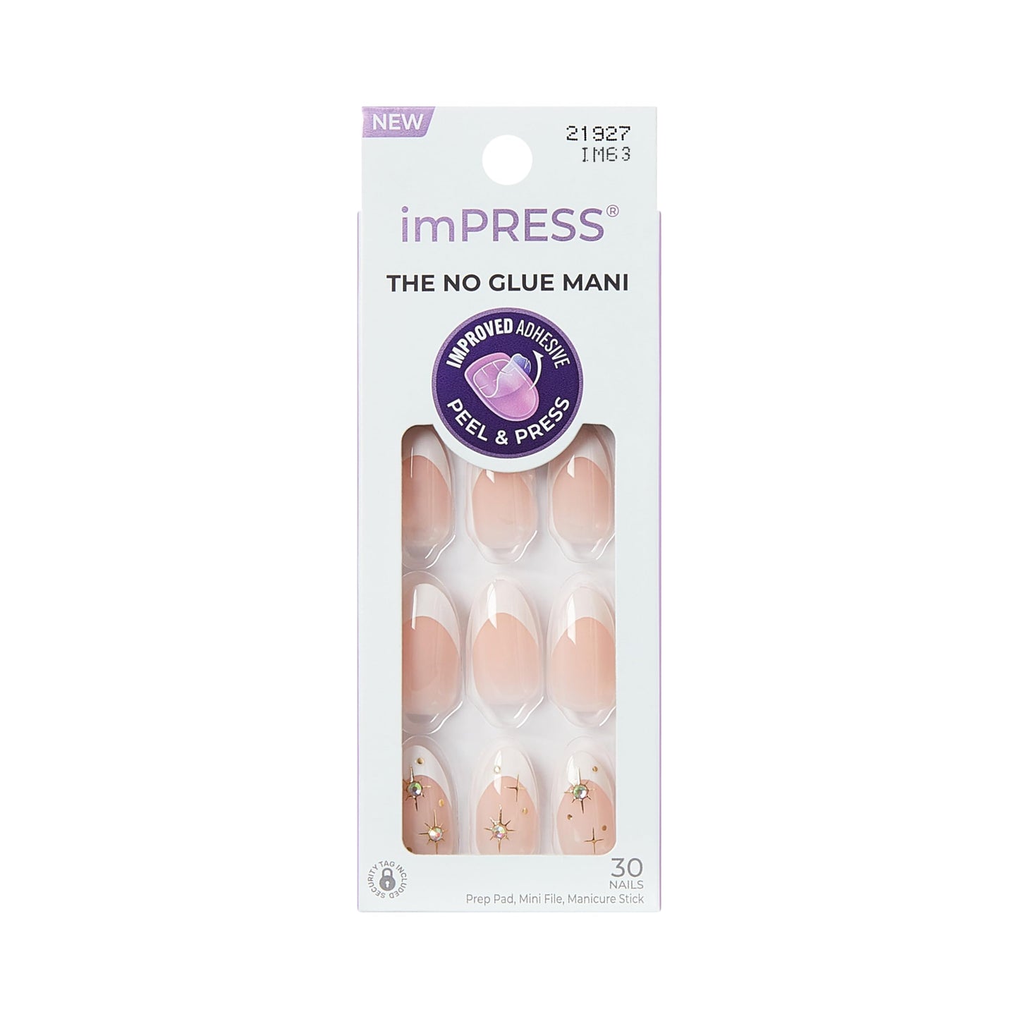 Kiss Impress No Glue Mani Press On Nails, Design, 'Star player', White, Medium Size, Almond Shape, Includes 30 Nails, Prep Pad, Instructions Sheet, 1 Manicure Stick, 1 Mini File