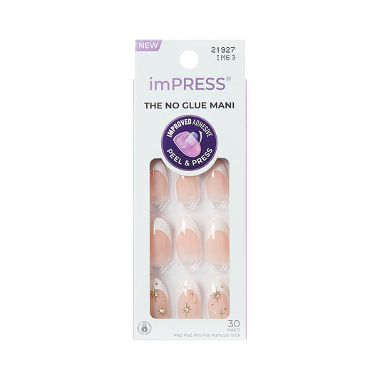 Kiss Impress No Glue Mani Press On Nails, Design, 'Star player', White, Medium Size, Almond Shape, Includes 30 Nails, Prep Pad, Instructions Sheet, 1 Manicure Stick, 1 Mini File