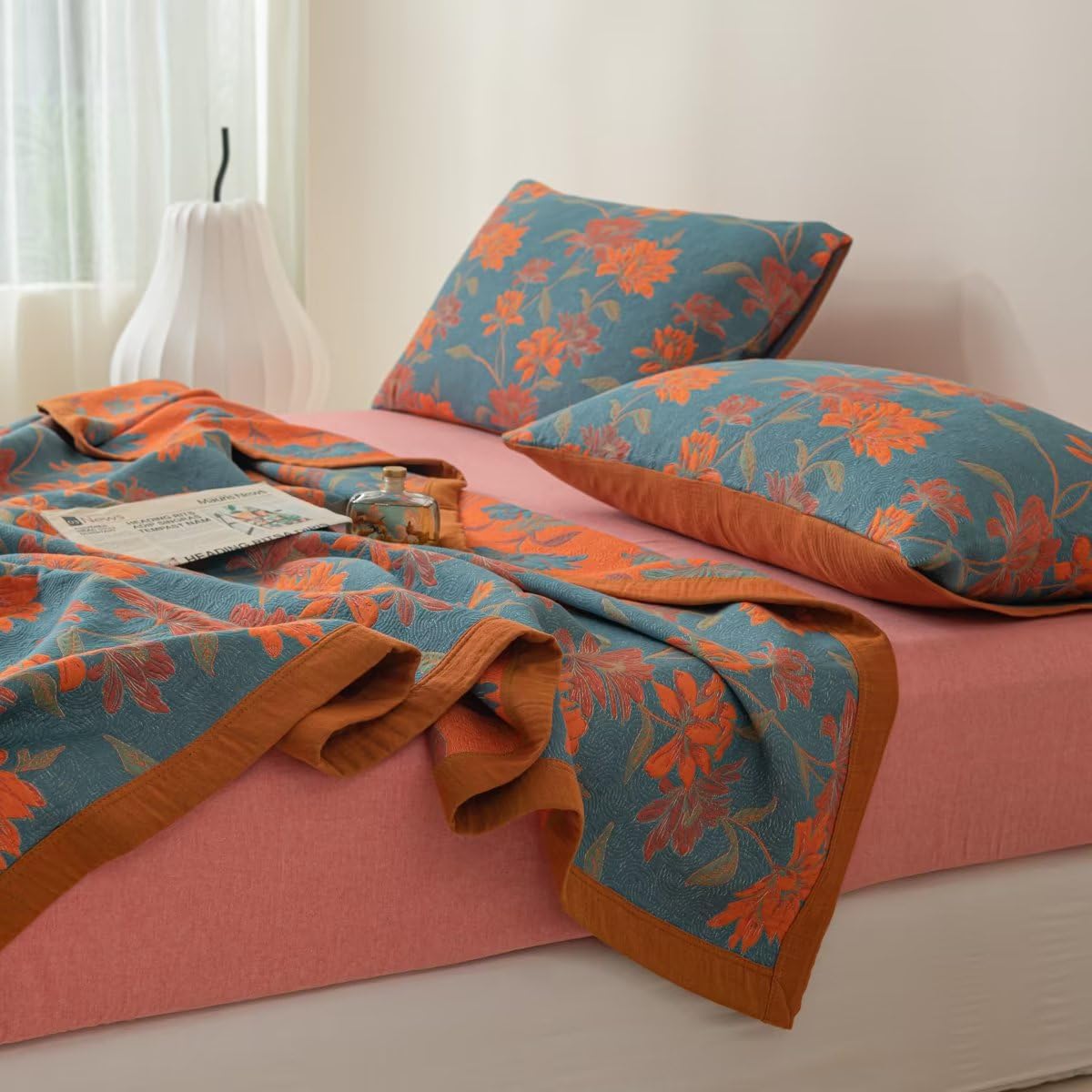 Purefair 100% Cotton Muslin Blanket Jacquard Floral Flowers Bloosom Print Quilt, Soft Bed Cover Reversible Bedspread Coverlet Breathable Lightweight Bedding Full/Queen(78"x94"), No Pillow Sham