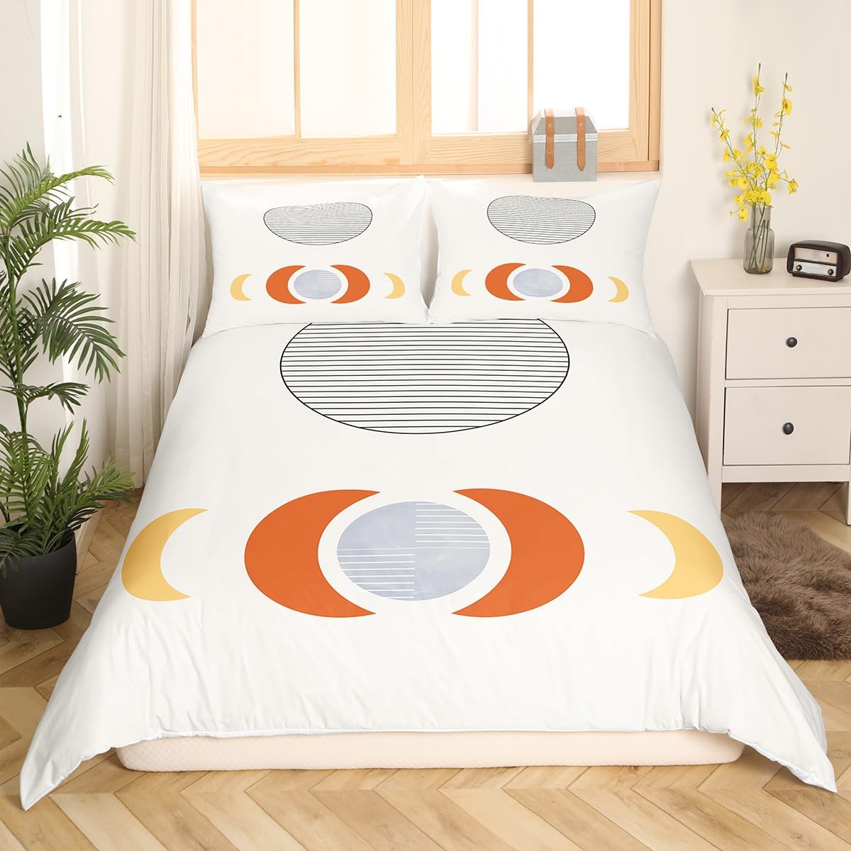 Erosebridal Mid Century Comforter Cover Abstract Moon Bed Set, Striped Duvet Cover Queen Size White Aesthetic Bedding Sets, Retro Minimalism Bedspread Cover Modern Art Bedroom Decor Ultra Soft 3pcs