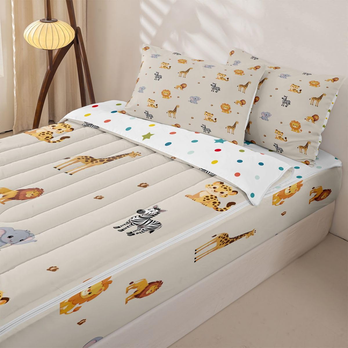 Erosebridal Cute Animals Zippable Bedding, Cartoon Giraffe Lion Tiger Wildlife Twin Size Comforter Set, Kids Zoo Wild Animals Sheets and Pillowcases, Elephant Zebra Woodland Zipper Bedding Set