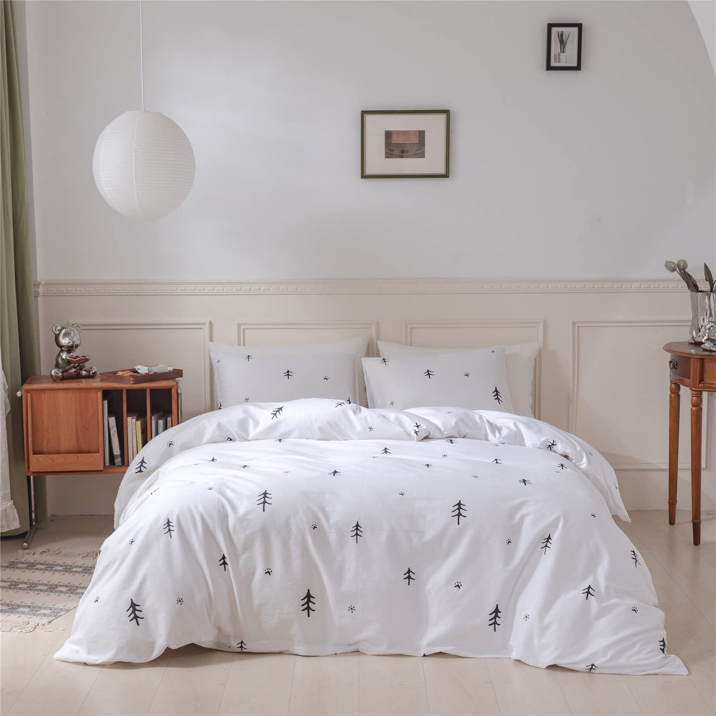 BuLuTu Kids Duvet Cover Full Cotton White/Grey,Premium Boys Girls Bedding Sets Queen,Double Bed Comforter Cover Zipper Closure,Forest Tree Print Pattern,Super Soft,Breathable,No Comforter